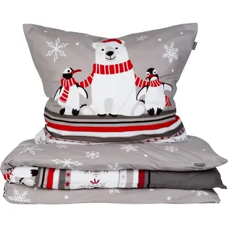 Schiesser Bettwäscheset Dida | 2-teilig | Winterprint | Feinbiber | 100% Baumwolle | Reißverschluss | 155 x 220 cm + 80 x 80 cm | Grau - Grau