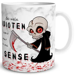 TRIOSK Tasse So viele Idioten und nur eine Sense mit Sensenmann Spruch lustig Fun Horror Geschenk für Arbeit Büro Kollegen Männer Frauen Weiß, Keramik 300ml