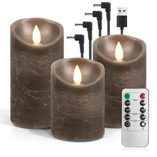 AnnSpa 3 Set Led Kerzen Aufladbar mit Fernbedienung, Wiederaufladbare Kerzen Flammenlose Echtes Wachs Flackern Moving Wick Yellow Light Pillar Candles mit Timerfunction für Geschenke - Braun