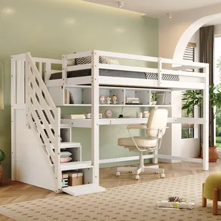 Flieks Etagenbett 90x200cm mit Treppe, Hochbett mit Schreibtisch und Bücherregal, Kinderbett mit Rausfallschutz, Jugendbett mit Lattenrost, Einzelbett - Weiß