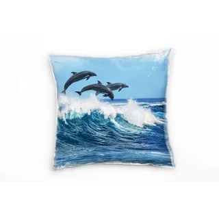 Paul Sinus Art Tiere, Meer, springende Delfine, Wellen, blau Deko Kissen 40x40cm für Couch Sofa Lounge Zierkissen - Dekoration zum Wohlfühlen