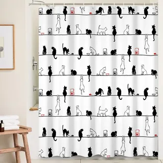 Ttincceer 180x180cm Schwarz Weiß Katze Duschvorhang mit Haken Niedlich Einfach Kätzchen Bad Vorhang Schwarz Weiß Tier Lustig Haustier Dusche Vorhänge Wasserdicht Badewanne Vorhang