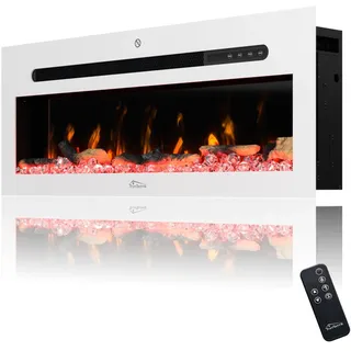 Tronitechnik® Wandkamin elektrisch, Panorama Elektrokamin mit LED Flammeneffekt dimmbar inkl. Kristalle, Elektroheizung 900/1800W, App-Steuerung & Fernbedienung, Timer, weiß