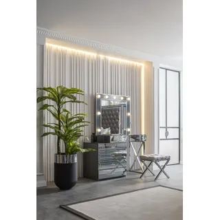 Grauer Schminktisch Designer Polsterhocker Glas Spiegel 3tlg Luxus Set - Silber