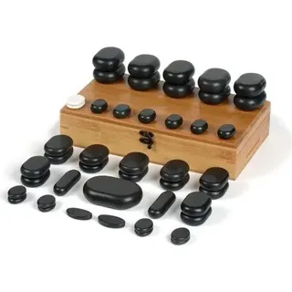 Habys Hot Stone Massagestein-Set 45-teilig, aus Basalt, mit Eleganter Bambuskiste, für Wellness Spa Wärmebehandlung und Wärmetherapie, Therapiesteine