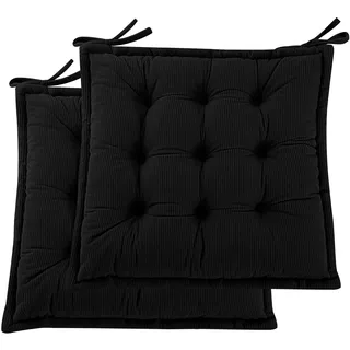 PRIMEPATIO Indoor Sitzkissen Stuhl 2er Set – Komfortable Cordstoff-Sitzmatte Stuhlkissen mit Bändern, Hochwertige Füllung, Ideal für Esszimmer, Büro, Wohnzimmer, Outdoor Gartenstuhl, 45x45x7, Schwarz