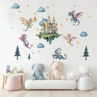 SUPERDANT Wandtattoo Mit Fliegendem Drachen Cartoon Schloss Wandsticker Kinderzimmer Drache Wandaufkleber DIY Vinyl Wandsticker Abziehen Und Ankleben Dekor Für Kinderzimmer Spielzimmer 3 Blatt/Set