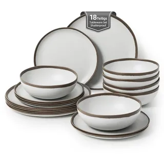 La Joventino Melamin Geschirr Set 6 Personen,Camping Teller Set, Spülmaschinenfest Essgeschirr Set, Ideal für Outdoor,Wohnwagen & Gartenparty (Brauner Rand)