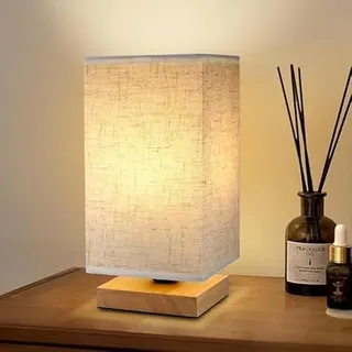 Nachttischlampe, Tischlampe mit Kabelschalter, Lampenschirm aus Leinenstoff Holzsockel Tischlampe Lampe, Modern Tischleuchte Mit Glühbirne für Schlafzimmer, Wohnzimmer, Schreibtisch, Kinderzimmer