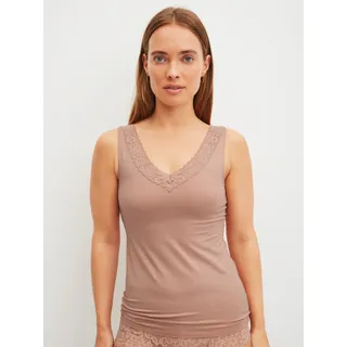 Tanktop CALIDA "Natural Comfort Lace", Damen, Gr. M (44/46), timeless taupe, Single Jersey, Obermaterial: 92% Baumwolle, 8% Elasthan, normal hüftbedeckend, V-Ausschnitt, Tops Tanktop, elastisch, V-Ausschnitt, weiche Spitze, breite Träger