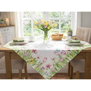 KAMACA Tischdecke mit Blumen quadratisch mit Aquarell-Tulpen & zarten Schmetterlingen frühlingshafte Deko für Esszimmer Küche Wohnzimmertisch Frühling Sommer (Mitteldecke 85x85 cm Tulpenpracht)