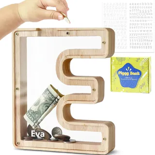 DBPBToU Spardose Kinder, Sparschwein Kinder, Buchstaben Spardose Holz, Spardose Personalisiert für Geburtstag Geschenk/Heimdekoration/Keepsake (E)