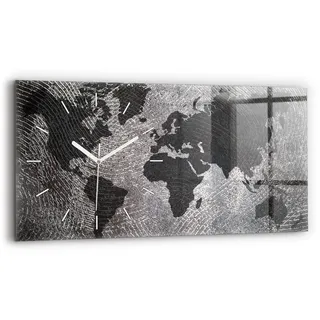 Wallfluent Wanduhr – Stilles Quarzuhrwerk - Uhr Dekoration Wohnzimmer Schlafzimmer Küche - Zifferblatt mit Strichen - weiße Zeiger - 60x30 cm - Weltkarte Beton - Grau