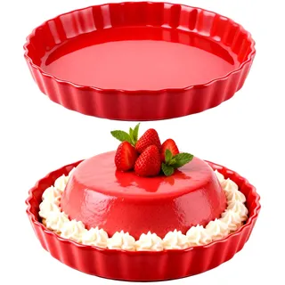 APACALI 2 Stück Quicheform Keramik 24cm, Tarteform Keramik, Antihaftbeschichtete Tortenboden Backform, Tartelette Förmchen Rund für Obstkuchenform, Tarte, Quiche, Rot
