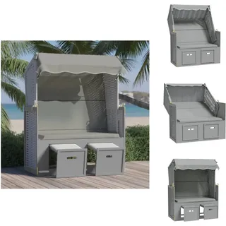 vidaXL Strandkorb mit Dach Poly Rattan und Massivholz Grau - Sonnenliegen - Grau