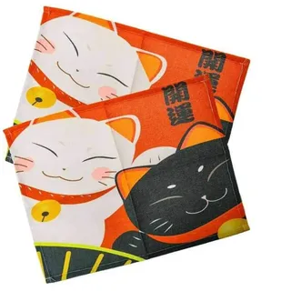 lachineuse - 2 Tischsets Katze Maneki Neko – japanische Tischuntersetzer aus Stoff – 40 x 30 cm – Geschenkidee für japanische Küche – süße japanische Katze – Dekoration asiatisch – Farbe Schwarz &