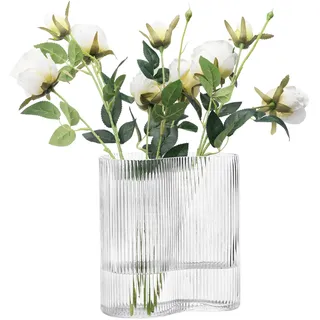 Navaris Glasvase geriffelt groß - 18,5x12x20cm - Blumenvase Glas minimalistisch Skandinavischer Stil - Vase Glas für Blumenarrangements Deko Wohnzimmer - Vase mit Rillen