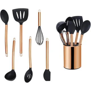 Echtwerk Küchenuntensilien, 7-teiliges Küchenhelfer-Set, Küchenzubehör, Kochbesteck mit Edelstahlgriff, Kochset mit Utensilienhalter, Kochzubehör, Antihaft Silikon Haushaltshelfer, Kupfer-Edition