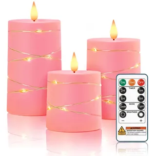 Homemory Flammenlose Kerzen mit Fernbedienung und Zeitschaltuhr, flackernde batteriebetriebene LED-Säulenkerzen mit Lichterkette für Wohnraumdekoration, Hochzeiten und Geschenke, rosa, 3er-Set