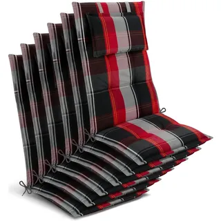 Beautissu 6x Gartenstuhlauflage Hochlehner 120x50x7cm Schwarz-Rot-Weiß-Kariert