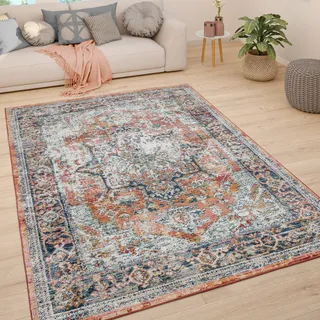 Teppich Wohnzimmer Kurzflor Vintage Pastell Modernes Orientalisches Muster Grösse 80x150 cm - Rot