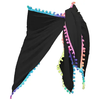 Blausky Damen Fransen Pareo,68x163cm Chiffon Strandrock Strand Wrap Sarong mit Bunt Pom-Pom-Quasten Sexy Bikini Cover up Wickelrock Kurz Sommer Strandkleid Strandtuch,Einheitsgröße Schwarz