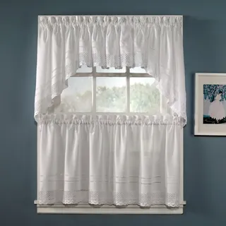 CHF & You Weiße Häkelvorhänge für Café, Küche, Fenster, Girlande, Stangentasche, 74 x 76 cm, 2 Stück