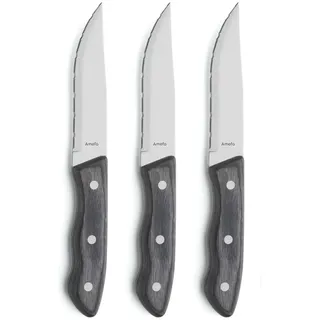 Amefa Hercule Steakmesser Set 3-teilig | Steakmesser mit Wellenschlif | Pakka-Holz-Griffe in Kastanie-Optik | Grillmesser | Pizzamesser | Steak Messer Set, Braun