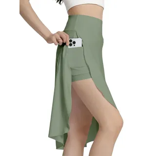Bezioner Hosenrock Damen Sommer Midirock Tennisrock mit Hose Taschen HoherTaille Golfrock Sportrock mit Schlitz Rüschensaum Grün XXL