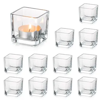 Glasseam Klar Teelichthalter Glas Satz von 12, Viereckig Teelichtgläser Klein Bulk, Kerzenhalter Weihnachten für Wohnzimmer Tisch Home Deko, Modern Kerzengläser Teelichtglas für Hochzeit Party