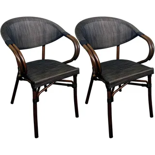 CLP Bistrostuhl 2er Set Sorva mit Armlehnen, aus Aluminium bis 200 kg, Stapelstuhl mit Holzoptik, ideal für Garten, Balkon und Terrasse | Farbe Coffee