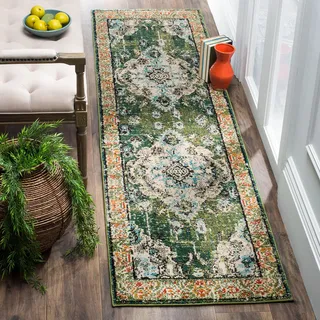 Safavieh Boho Teppich für Wohnzimmer, Esszimmer, Schlafzimmer - Monaco Collection, Kurzer Flor, Waldgrün und Hellblau, 75 x 300 cm