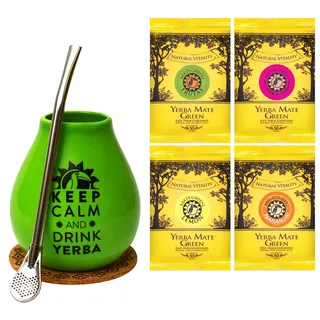 Mate Green Mate Becher Starter Set ● Idealer 350ml Keramikbecher für Yerba Mate mit Strohhalm und Mate Tee Proben. Ein Beutel für eine Portion. 4 Beutel zu 50 Gramm