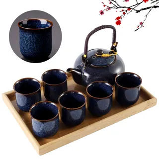 DUJUST japanische Porzellan Teeservice, einzigartiges chinesisches Teeservice Set, dunkelblau