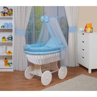 WALDIN Baby Stubenwagen-Set mit Ausstattung, XXL, Bollerwagen, komplett,blau kariert,Gestell/Räder weiß lackiert - Blau