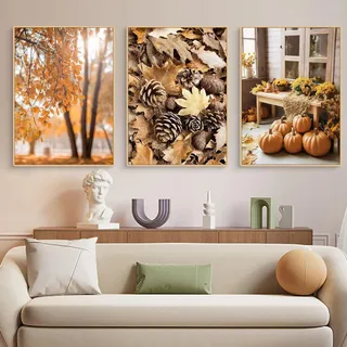 Uixxducc 3er Herbst Poster Set, Tannenzapfen Kürbis Blätter Bilder Set. Aesthetische Herbst Wandbilder Wohnzimmer Deko Wanddeko für Wohnzimmer Schlafzimmer, ohne Rahmen (21x30cm)