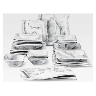 Serie Flora, Geschirrset für 6 Personen, 26-teiliges Marmor-Porzellan Geschirrset mit 6 Speisetellern, 6 Kuchentellern, 6 Suppentellern, 6 Schalen und 2 Servierplatten
