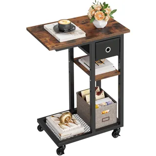 YITAHOME Beistelltisch, C-Form Sofatisch mit Rollen und Schublade,Wohnzimmertisch für Kaffee und Laptop,für Wohnzimmer, Schlafzimmer,50 x 30 x 67cm, Rustikales Braun