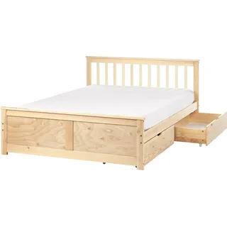 BELIANI Doppelbett Hellbraun Kiefernholz mit Lattenrost 140x200 cm 2 Schubladen Fußteil Hohes Kopfteil Schlicht Modern Skandi Design Holzbett - Braun