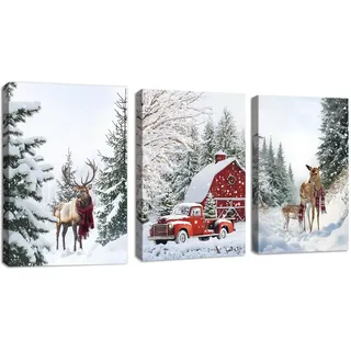 3 Pcs Leinwandbilder Bilder mit Rahmen Winter Wald Schnee Bild Auf Leinwand Weihnachten Elch Rot Auto Hütte Wandkunst Wandbilder Deko für Wohnzimmer Schlafzimmer fertig zum Aufhängen 30x40cmx3Pcs