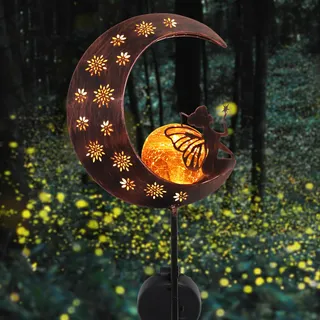 TERESA'S COLLECTIONS Solarlampen für Außen,Gartendeko für draußen Groß Metall Mond Solarleuchte Glaskugel wasserdichte Wegeleuchte mit Blumenfee und Erdspieß,100CM