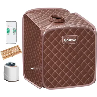FANTASK 2L Mini Dampfsauna, Heimsauna tragbar mit Fernbedienung, Mobile Saunazelt mit Zerstäubungsfunktion & Timer & 9 Temperaturstufen & Stuhl, Saunakabine 85 x 84 x 106cm (braun)