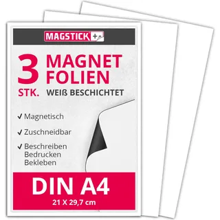 3er Set Magnet-Folie in DIN A4 I magnetisch, weiß beschichtet I permanent beschreibbar I für Kfz Auto LKW I Lager-Schild I Tür-Schild I mag112