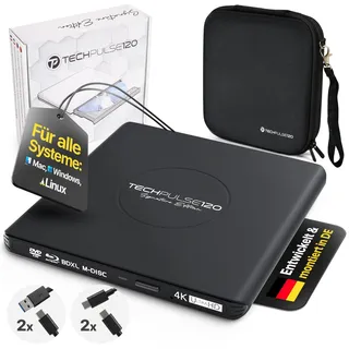 techPulse120 Externes USB 3.1 USB-C UHD 4k 3D M-DISC Blu-ray DVD CD HDR10 128GB Laufwerk Brenner Burner Signature Paket Tasche 90cm Anschlusskabel Aluminium (Schwarz)