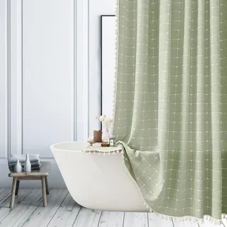Salbeigrün gestreifter Duschvorhang – Bauernhaus-Boho-Leinen-Stoff, Duschvorhänge für Badezimmer, böhmisch, niedlich, dick, Badezimmer-Vorhang-Set mit Quaste, böhmischer Stoff, Duschvorhang, lang, 183