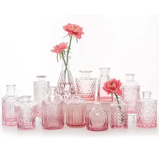 SUPMIND 12-teiliges Glasvasen-Set, kleine Blumenvase für Tafelaufsätze, rosa Knospenvasen in Großpackung, Mini-Vintage-Vase für rustikale Hochzeitsdekorationen