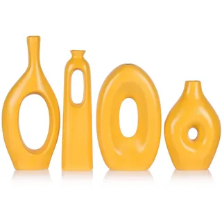 Gelbe Vasen Wohnkultur - 4 Stück Runde Hohle Boho Gelb Keramik Vase für Pampasgras Dekor, Moderne Kleine Blumenvasen für Wohnzimmer, Esstisch, Büro, Hochzeit, Kamin Dekor
