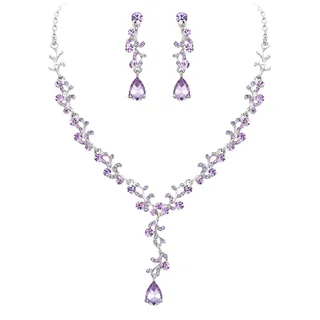 Clearine Halskette Ohrringe Set Hochzeit Braut Blatt Kristall schmuck-Set Lila Silber-Ton