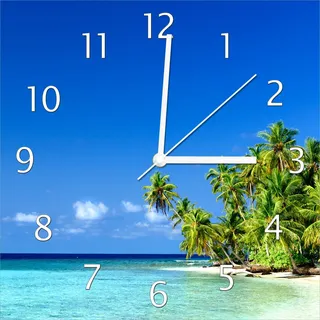 Wallario Design Wanduhr Blauer Himmel weißer Strand Palmen und das tiefblaue Meer aus Echtglas, Größe 30 x 30 cm - Blau
