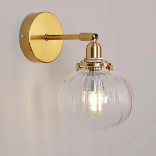 GreeLustr Wandbeleuchte Loft-Wandlampen Gold Vintage Wandlampe mit Schalter, Wandleuchte Innen E27 Nachttischlampe Wand Drehbare für Schlafzimmer Flur Wohnzimmer, Gestreiftem Klares Glas 13cm